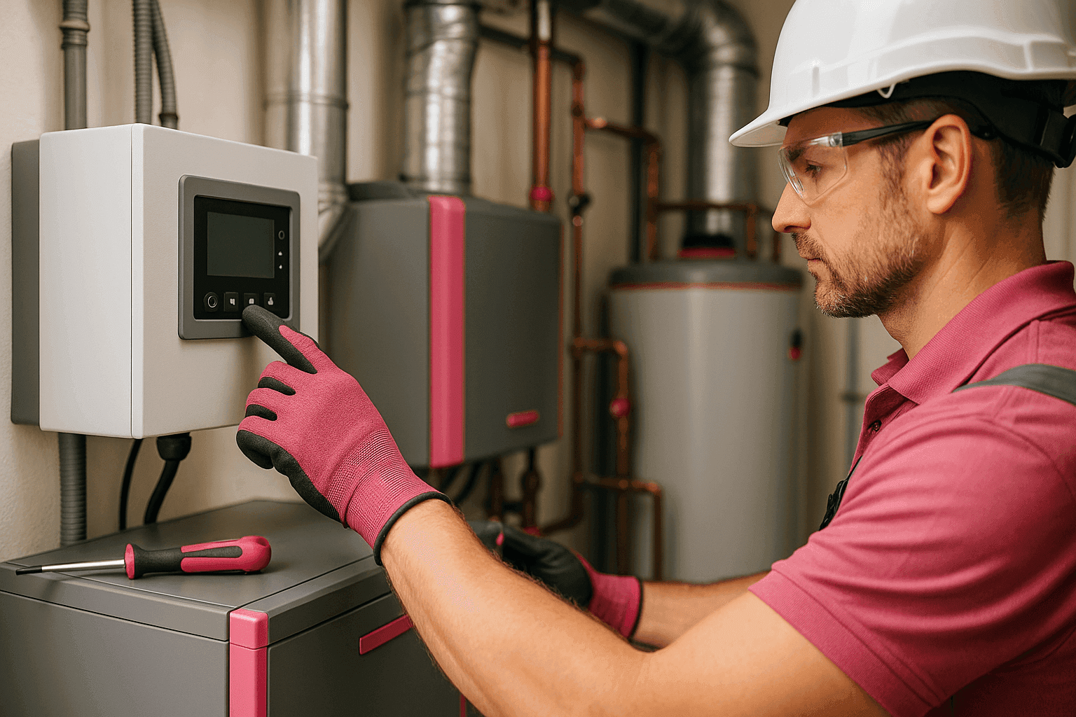 Technician wearing PPE adjusting HVAC control panel in clean mechanical room